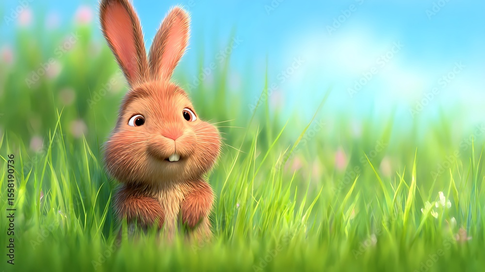 Fototapeta premium Cute cartoon rabbit with big ears standing in vibrant green grass against a bright blue sky