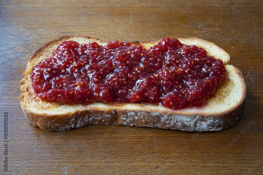 A Slice of Toast with Thick Red Jam Spread on Top, Showcasing a Delicious Breakfast or Snack Option for Food Lovers and Culinary Enthusiasts in Natural Light A Slice of Toast with Thick Red Jam Spread on Top, Showcasing a Delicious Breakfast or Snack Option for Food Lovers and Culinary Enthusiasts in Natural Light
