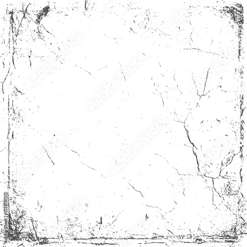 Grunge cracked border texture background. Old distressed frame design with rough edge and vintage scratch pattern. Abstract black and white grunge backdrop.