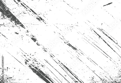 Diagonal grunge scratch texture with rough scrape lines and scattered debris. Industrial distressed vector overlay.