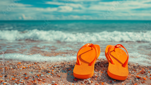 Tropical Getaway: A pair of vibrant orange flip-flops rests invitingly on a sandy shore as gentle waves meet the beach, promising a day of relaxation and seaside enjoyment.