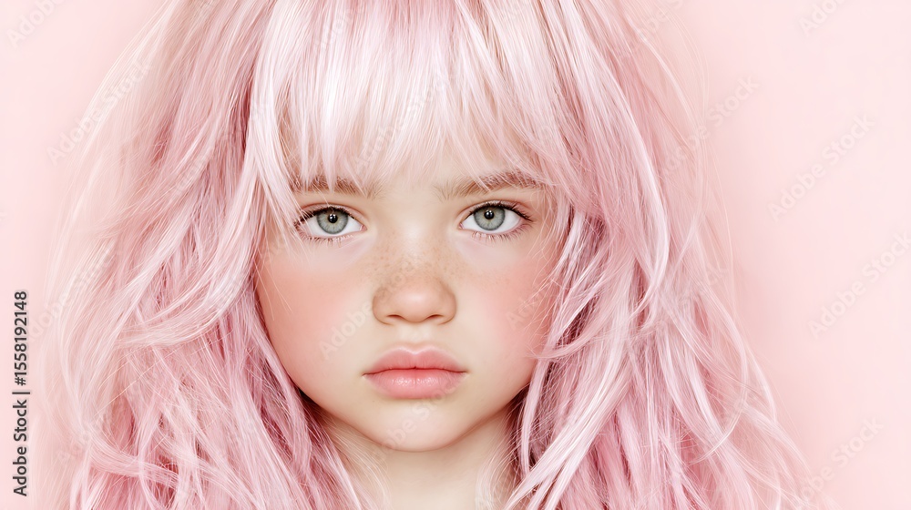 Portrait of a young girl with pink hair and captivating blue eyes against a soft pink background Portrait of a young girl with pink hair and captivating blue eyes against a soft pink background