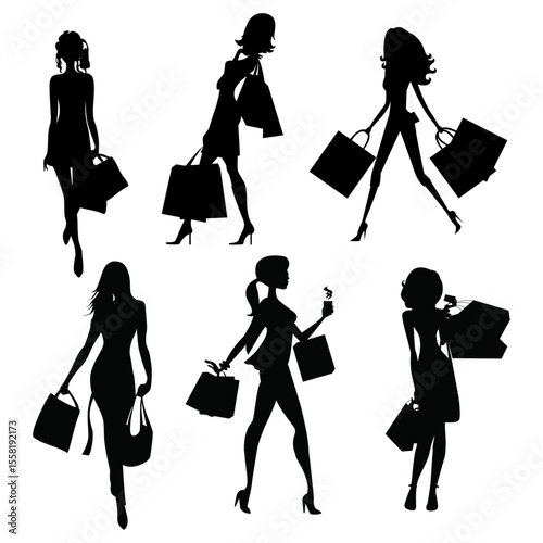 Women shopping vector icon set. Shopping online. Shopping and sale.