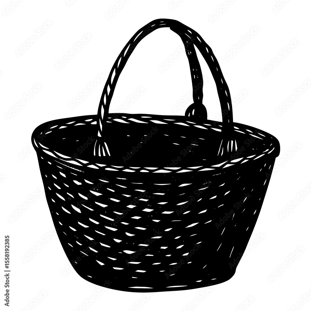 Obraz premium Straw Bag Sketch Vector – Generative AI and Linocut Silhouette Design