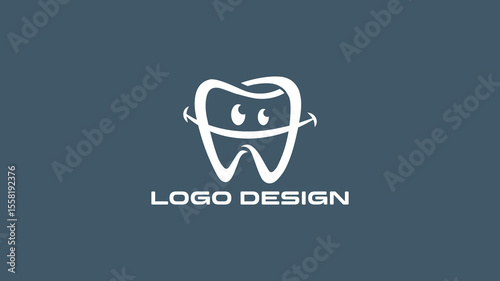 Fun dental logo design with cartoon-style smiling tooth character, ideal for pediatric dentists, dental clinics, and family oral care branding