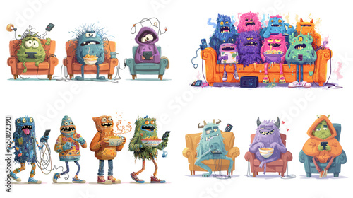 Playful cartoon monsters lounging on couches with snacks, phones, and gaming gear—great for humorous lifestyle, entertainment, or children's media projects.

