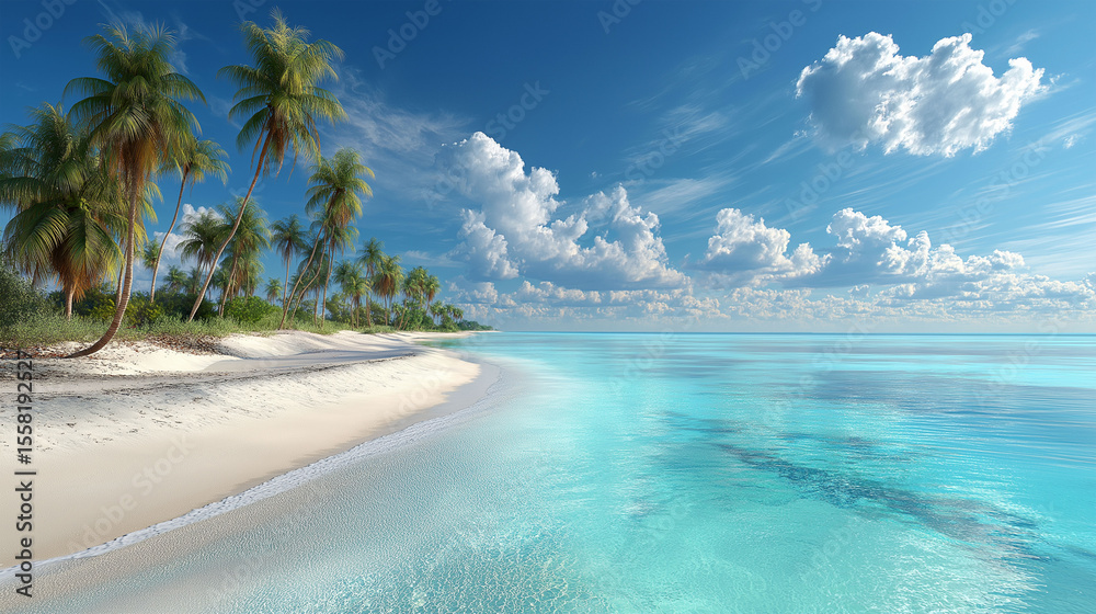 Naklejka premium Paradise Shoreline: A picturesque coastal panorama unfolds, showcasing a pristine beach embraced by a tranquil turquoise sea, gently caressed by a clear, azure sky.