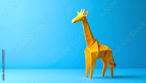 A vibrant yellow origami giraffe stands against a blue background, showcasing intricate folds and a playful design
