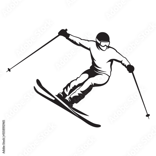 Vector illustration of a skier in action skiing downhill on a snow covered slope