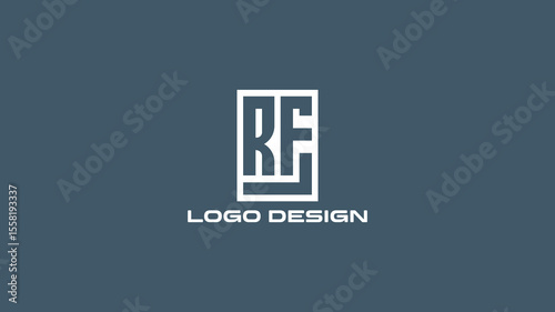 Minimal RF monogram logo in box layout on blue-gray background, ideal for modern business branding, corporate identity, or startup design projects