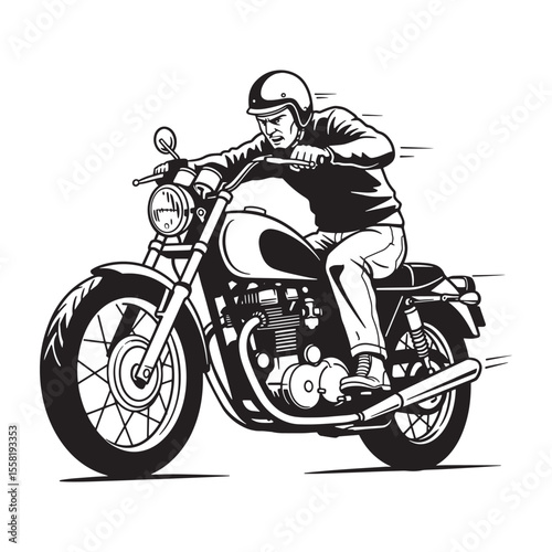 Vintage black and white illustration of a motorcycle rider cruising at high speed on the road