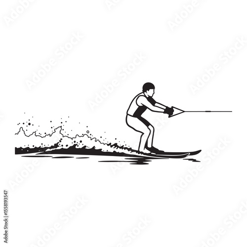 Waterskier performing on water depicted in black and white illustration graphic design