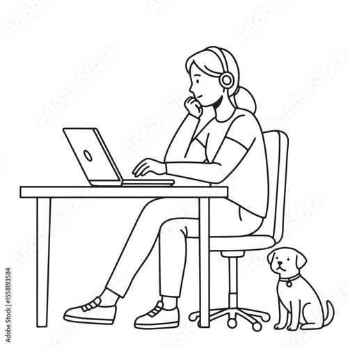 Woman working at home on a laptop with a dog beside in clean line art