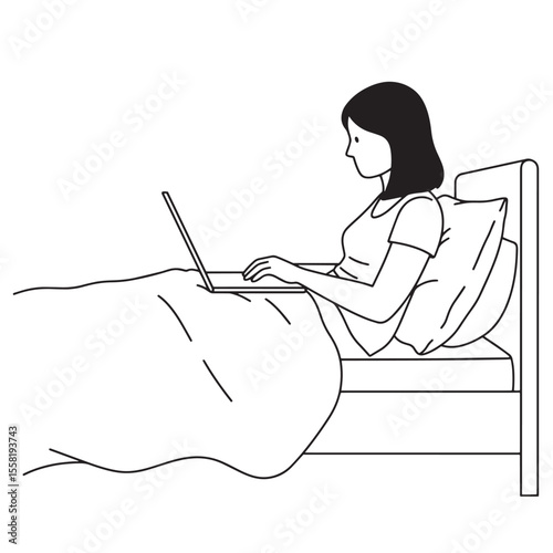 Woman working on laptop in bed vector illustration flat design outline style black and white