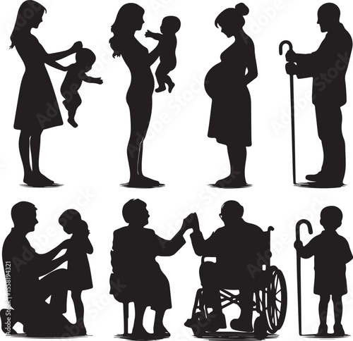 Generations of People Silhouettes Illustrating Family Life and Aging.Generations of People Silhouettes Illustrating Family Life and Aging. new 2025 trendy.