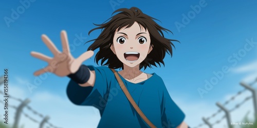 An emotional anime scene of a happy young character running with an open hand and a joyful expression, finally reaching freedom from behind a fence