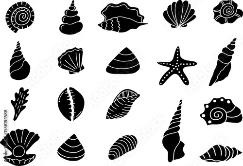 Hand-drawn vector silhouette set of seashells and starfish, Sea shell collection, Underwater marine life sea shell, Black Doodle