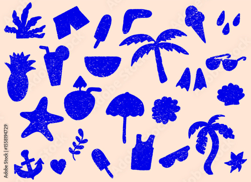 Summer beach silhouette isolated set, Chalk and Crayon summer vacation elements, Cute holiday illustration set, summer silhouette collection