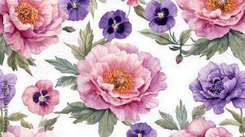 Vibrant floral pattern featuring pink peonies and purple pansies on a soft background.