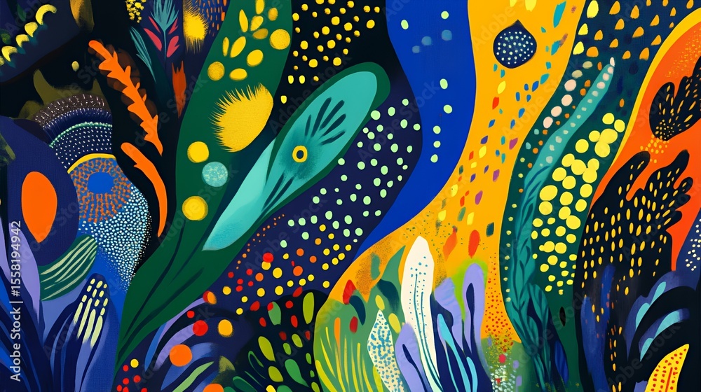 Obraz premium Colorful abstract mural featuring vibrant organic shapes and intricate patterns.