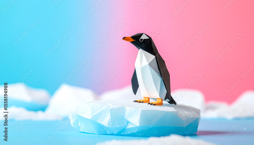 Obraz premium A stylized penguin stands on an ice floe against a colorful background, showcasing a blend of geometric shapes and vibrant colors