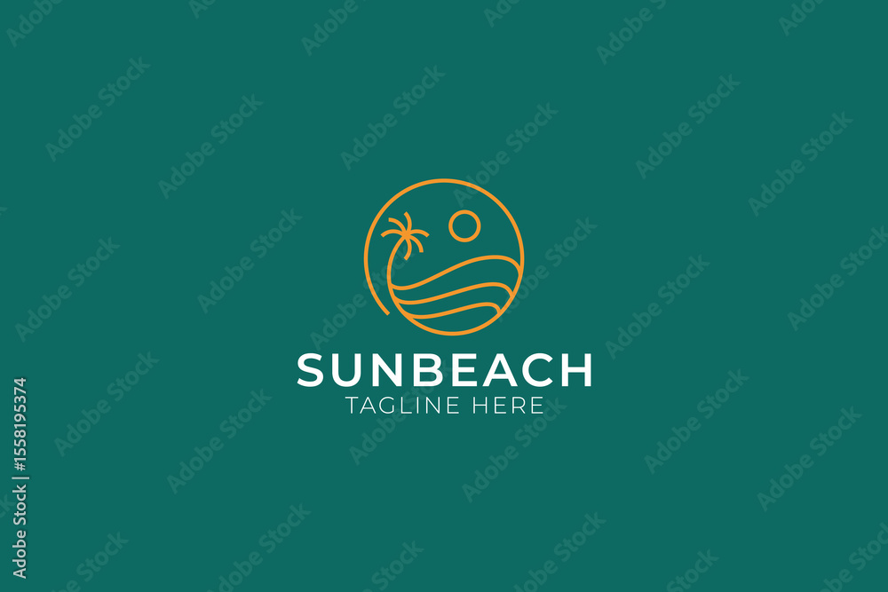 Obraz premium Sun Beach and Palm Tree Logo Badge Illustration Linear Minimalist Style