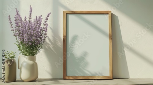 Wooden frame sits on a table next to a vase of lavender flowers, bathed in soft sunlight against a textured wall.