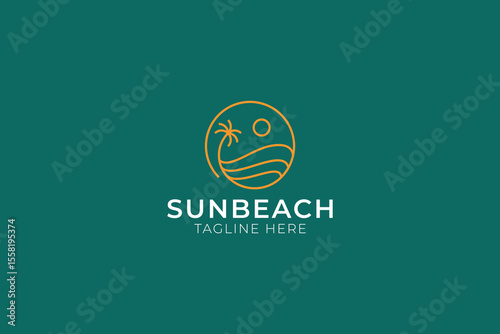 Sun Beach and Palm Tree Logo Badge Illustration Linear Minimalist Style