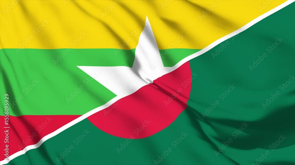 waving merged flags animation of bangladesh and myanmar