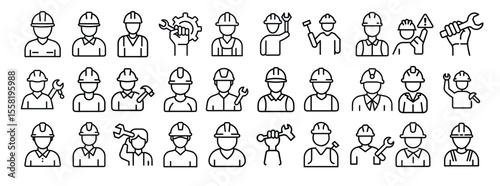 Worker Icon Set. Containing engineer, mechanic, technician, builder, construction, repair, helmet, tools, maintenance, and labor icons. Solid icon collection.