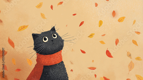 Cute Cat Autumn Leaves Illustration Background Wallpaper