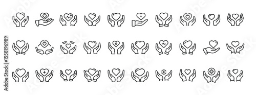 Hand with Heart Icon Set. Includes charity, donation, care, giving, love, volunteer, and help icons in a clean line style.