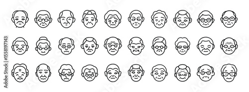Senior Face Icon Set. Containing old man, elderly woman, aged people, grandparents, senior citizen, retired people, mature face, and old person icons. Solid icon collection.