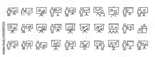 Presentation and Analytics Icon Set. Containing chart, graph, report, marketing, statistics, business meeting, strategy, and performance icons. Solid icon collection.