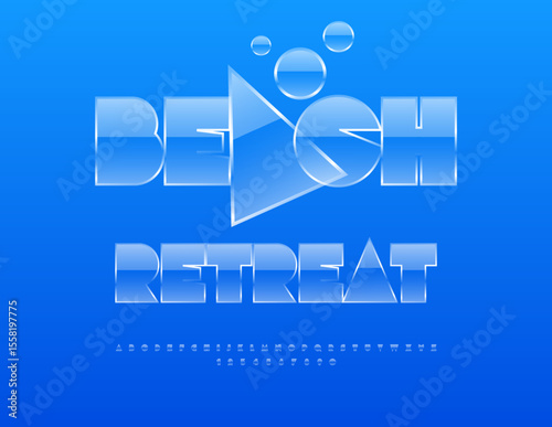 Vector Travel Advertisement Beach Retreat. Modern Glass Font. Crystal style Alphabet Letters and Numbers set.
