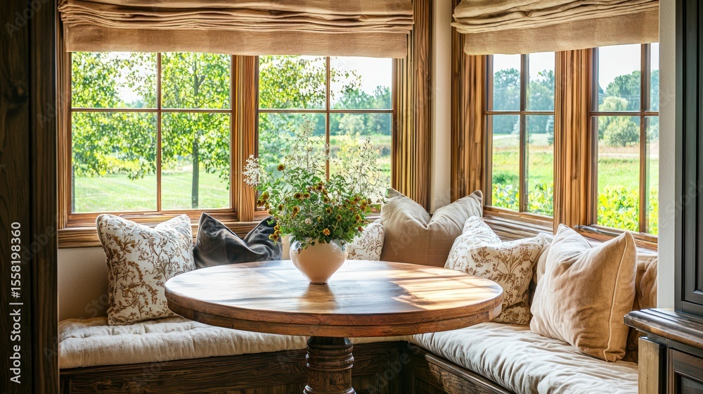 Fototapeta premium A small, cozy breakfast nook with a round wooden table