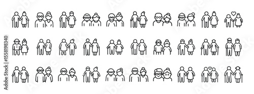 Couple and Relationship Icon Set. Containing male and female couples, romantic partners, friends, love, family, and people together icons. Solid icon collection.