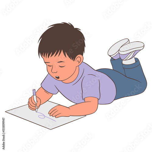 Boy Kids Drawing In Paper Illustration Cartoon