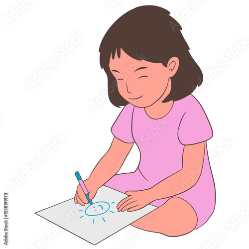 little girl drawing with pencil Illustration Cartoon