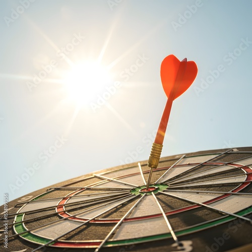 Red dart hitting the bullseye on a dartboard with bright sun and blue sky