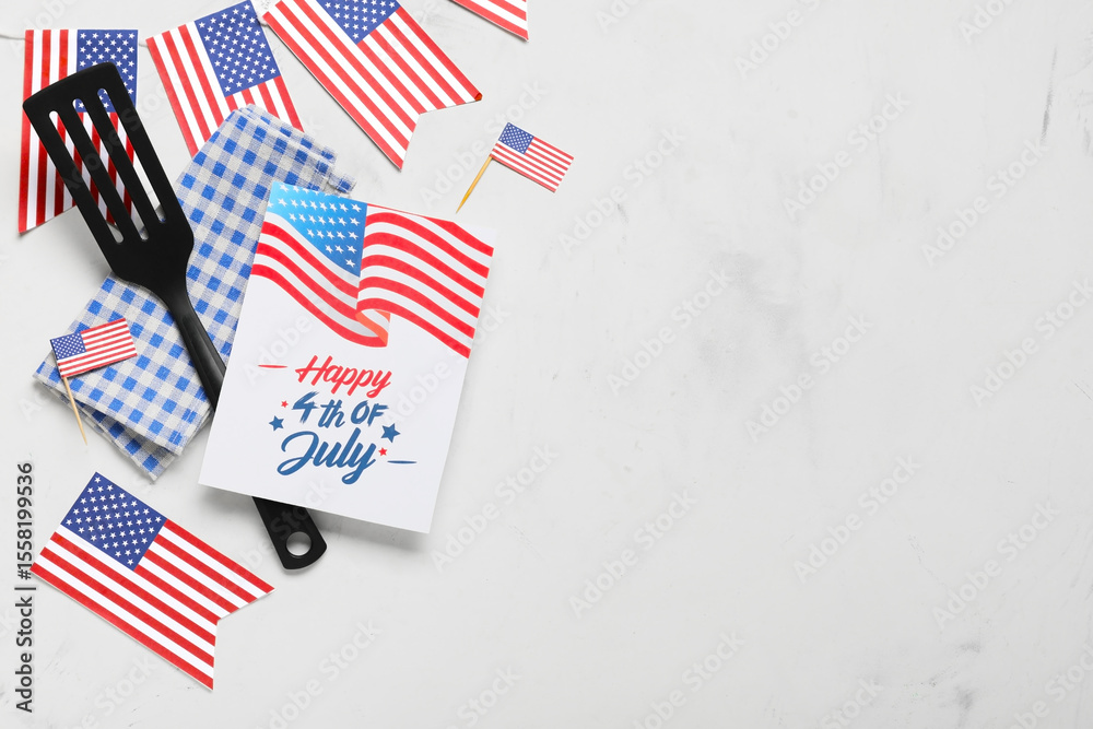 Obraz premium USA flags, greeting card with text HAPPY 4TH OF JULY and barbecue spatula on white grunge background. Independence Day celebration