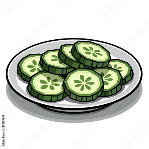 Sliced cucumber on a plate, presented in a colorful and artistic style for culinary design concepts