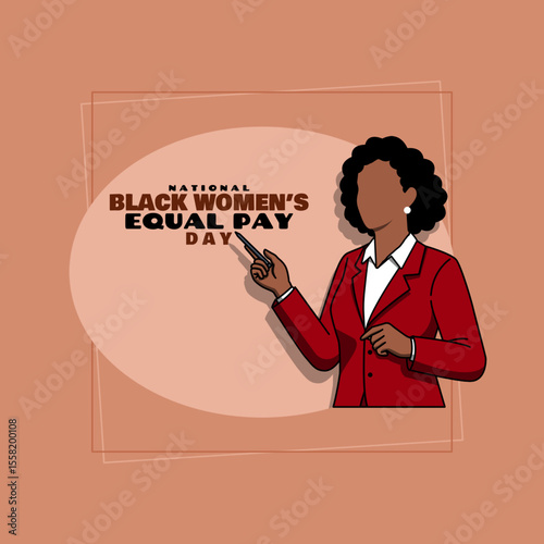 National Black Women's Equal Pay Day to celebrate on July 27th. Illustration of a black woman in a red suit giving instructions on brown background.