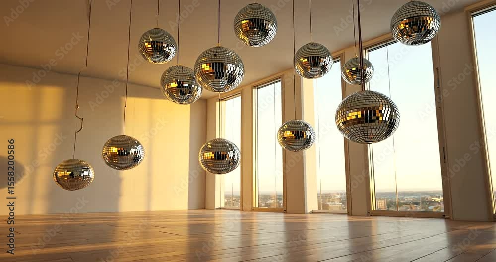 Modern interior featuring hanging disco balls in a sunlit room with city skyline views