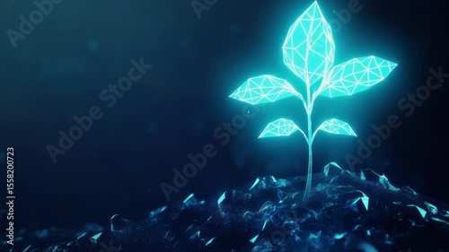 Glowing, digital plant emerging from a dark, textured landscape