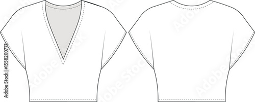 v neck short sleeve dolman sleeve batwing sleeve crop cropped elastic sport blouse top tshirt tee template technical drawing flat sketch cad mockup fashion woman design style model 
