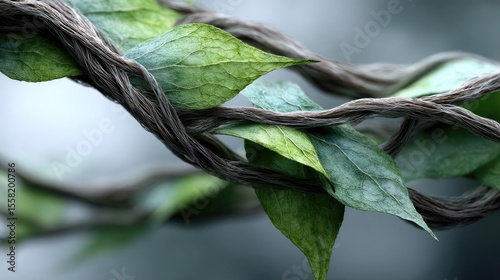 Mental health crisis in therapy and emotional balance concept. Close-up of intertwined vines and vibrant green leaves.