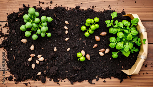 Top view of organic gardening setup with soil, seeds, and herbs, perfect for eco, farming, and healthy lifestyle content.