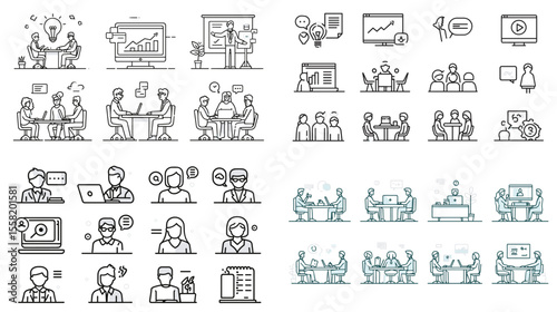 Clean line icons of business teamwork, communication, video calls, presentations, brainstorming, and coworking ideal for corporate, startup, or HR illustrations.

