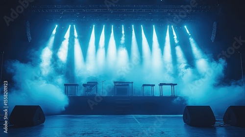 Stage and Blue Smoke with Searchlight Beams, Concert Lighting, Performance Stage, or Music Event Concept with Dramatic Atmosphere